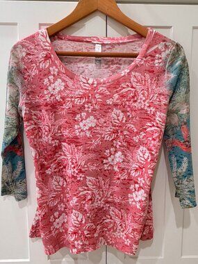 Whimsy Rose Floral Print 3/4 Sleeve Top Size S (Made in USA)